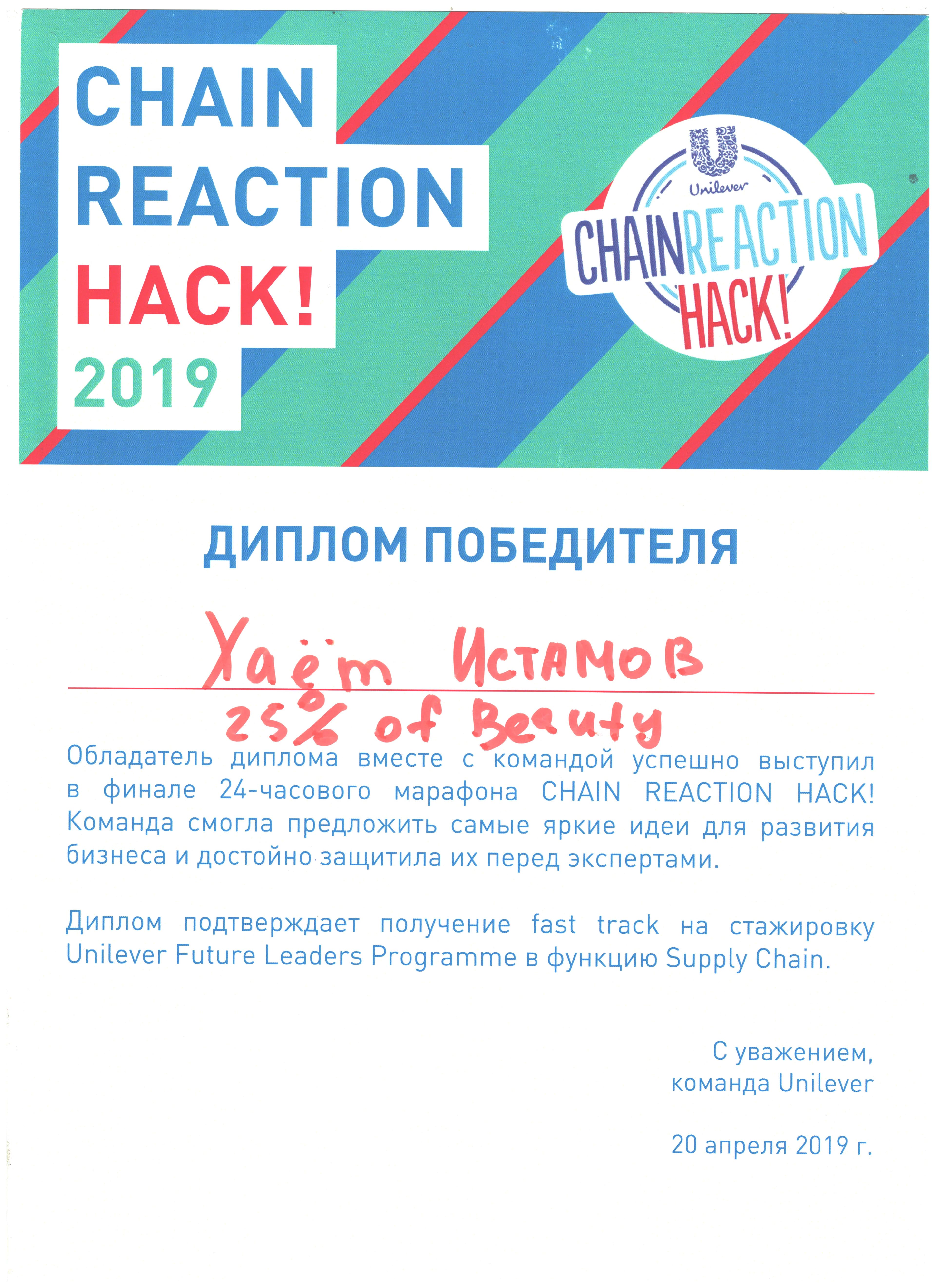 Диплом победителя Chain Reaction Hack 2019